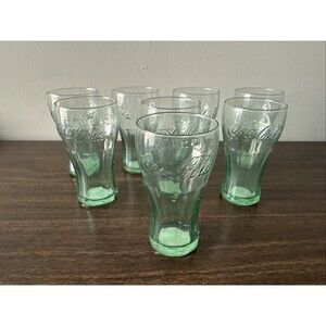 Vintage Coke Brand Genuine Glass Green Tumblers Libbey 4.5" Set Of 8 Coca Cola